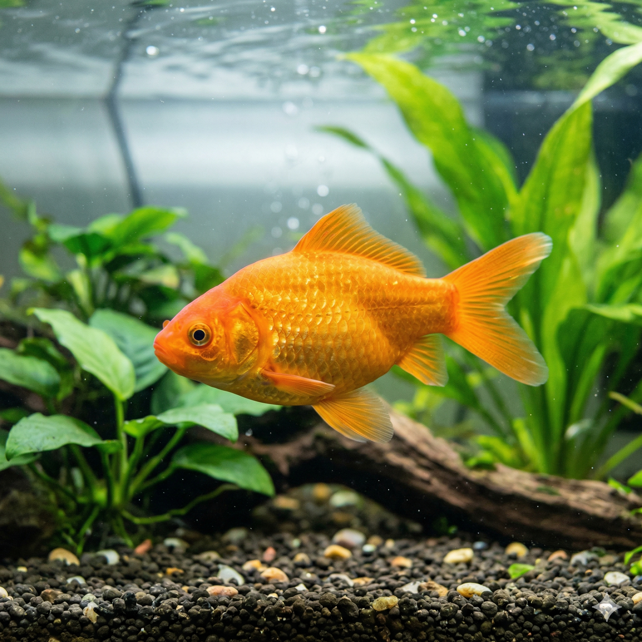 A wide panoramic photograph featuring the identical orange common goldfish from the square profile, swimming in the same well-lit aquarium. The wider frame reveals more of the lush green aquatic plants and the dark gravel substrate.
