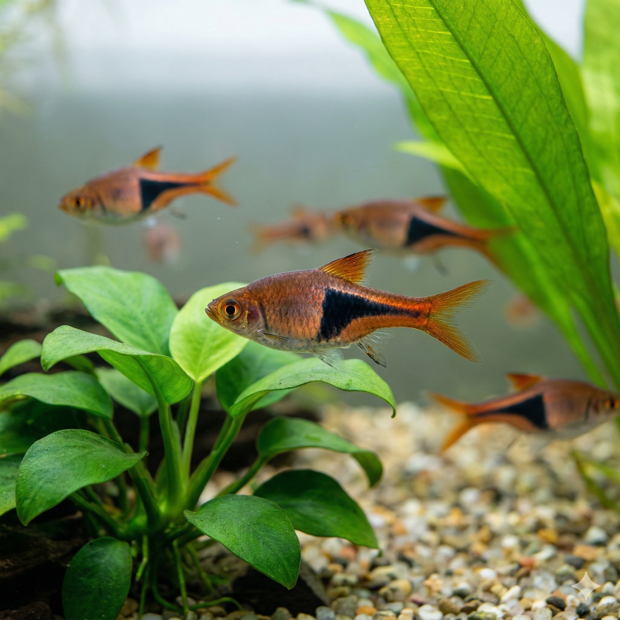 Wide panoramic view of a densely planted aquarium floor with a school of Harlequin rasboras near Anubias.