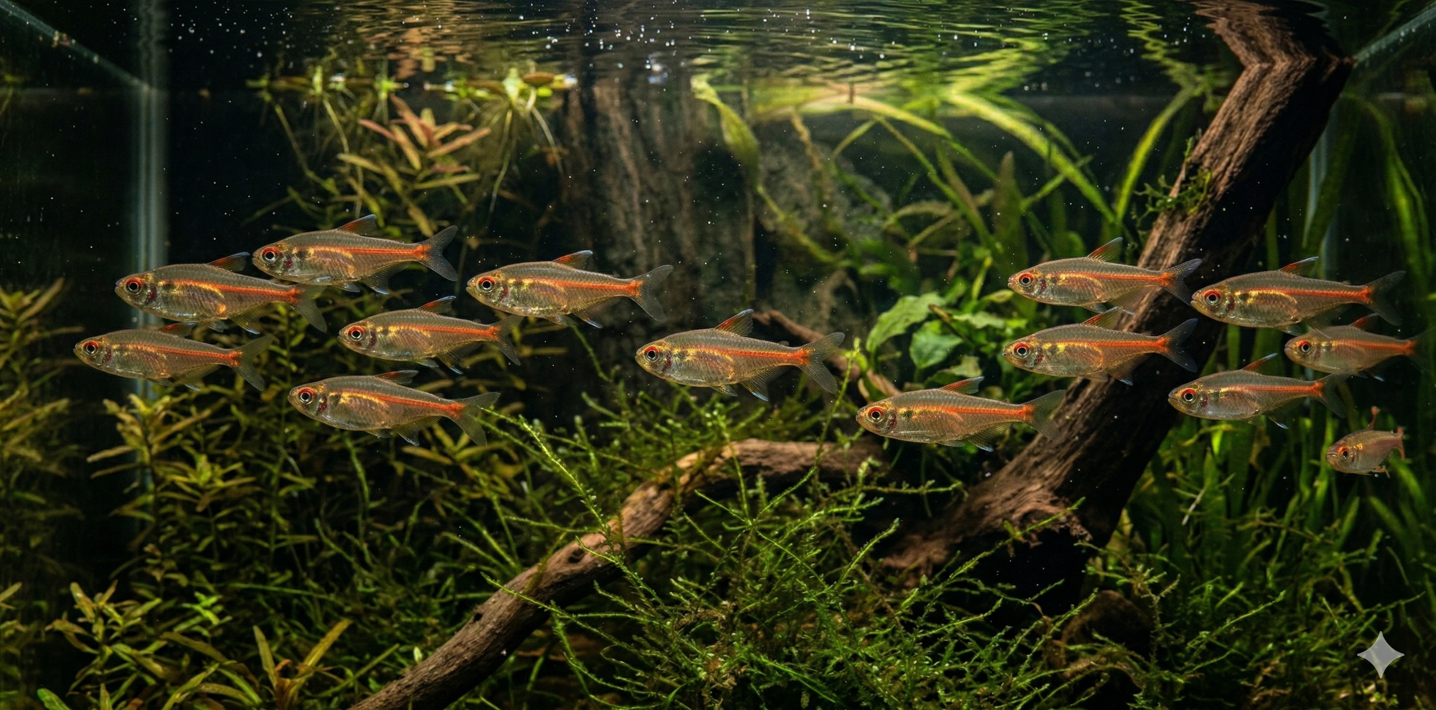 A realistic panoramic 2:1 photograph capturing a massive school of Glowlight tetras (Hyphessobrycon erythrozonus) swimming in synchronized trails within a expansive blackwater jungle aquarium, highlighting the multiple parallel glowing lines creating a "trail of fire" effect across the long frame.