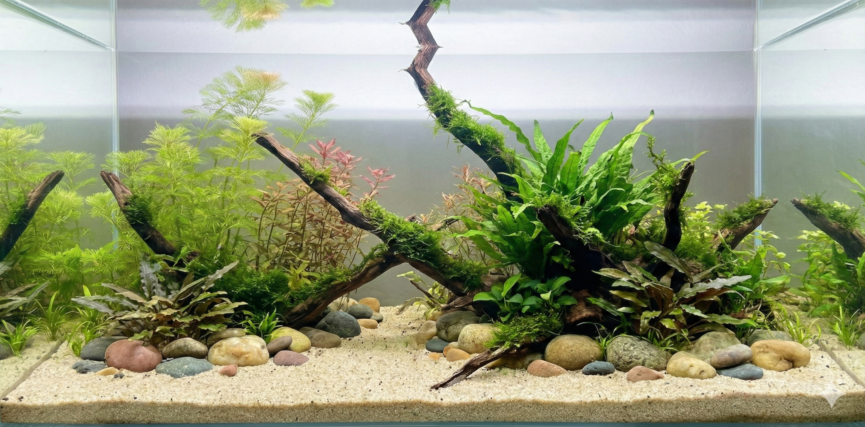 A wide, seamless panoramic background image of a planted aquarium aquascape. It features large branching driftwood covered in moss and fern, surrounded by various green and red aquatic plants and a fine sand substrate with river stones. The water column is clear, with no fish or equipment visible.
