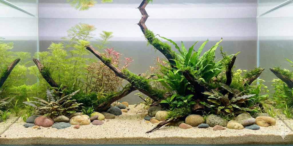 A wide, seamless panoramic background image of a planted aquarium aquascape. It features large branching driftwood covered in moss and fern, surrounded by various green and red aquatic plants and a fine sand substrate with river stones. The water column is clear, with no fish or equipment visible.