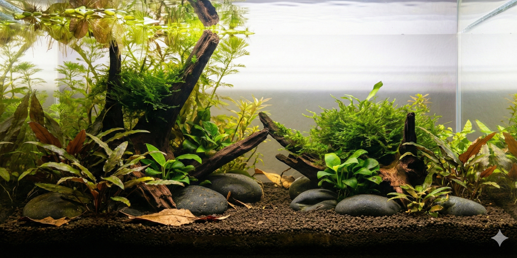 A wide, seamless panoramic background image of a planted aquarium aquascape featuring large pieces of driftwood covered in moss, river stones, a variety of green and red aquatic plants, and dark soil substrate with leaf litter. The water column is clear, with no fish, aquarium structure, or equipment visible.