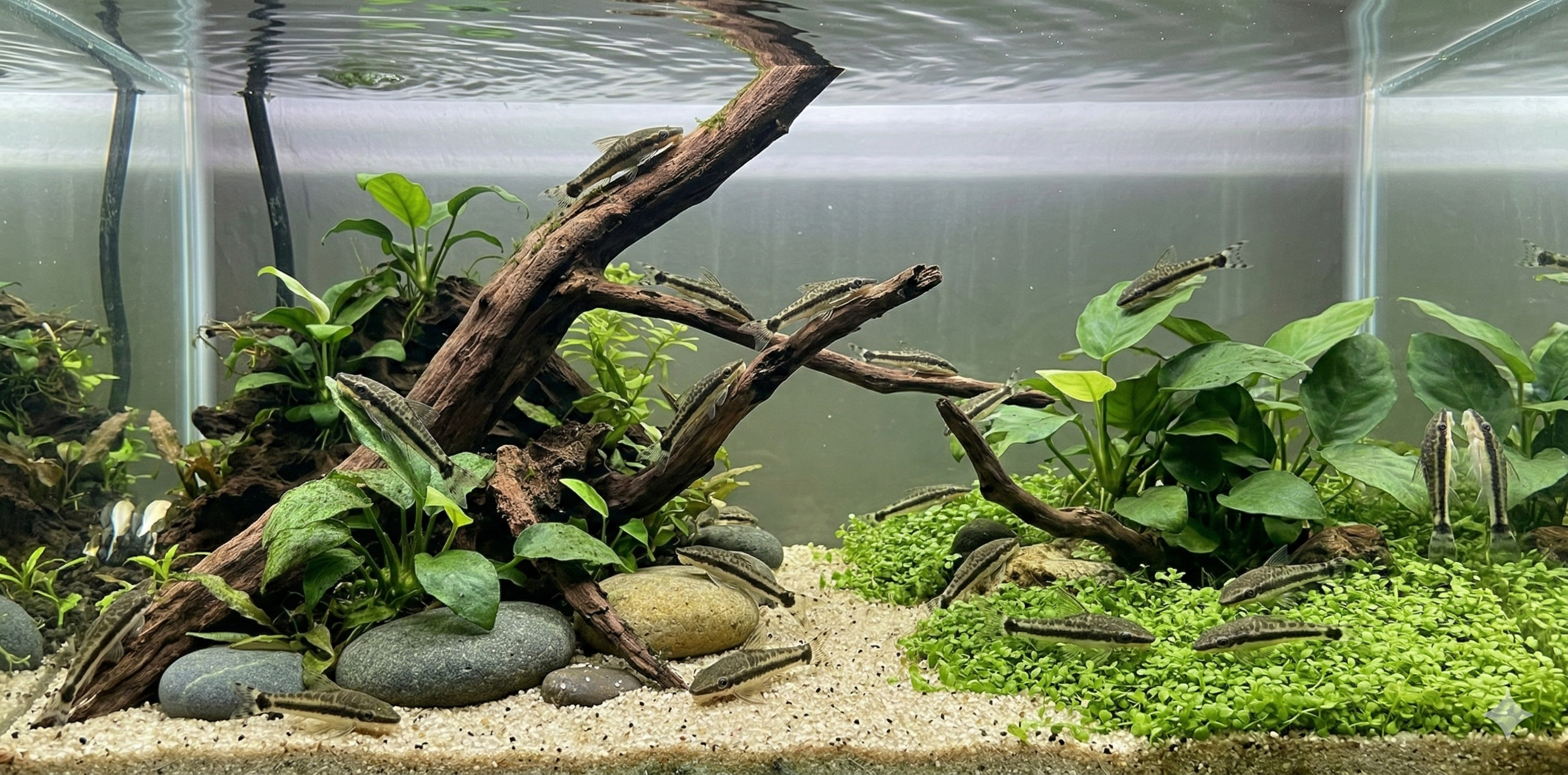 A realistic, cinematic panoramic photograph (2:1 ratio) of a detailed Nature Aquarium aquascape. Multiple Otocinclus spp. catfish, maintaining the exact visual style of image_10.png, are active throughout the expansive tank. Some are on natural branching driftwood and smooth river stones, and a small school is visible grazing on a lush carpet of aquatic plants. The fine sandy substrate and natural lighting filtering through the water surface are clearly defined.