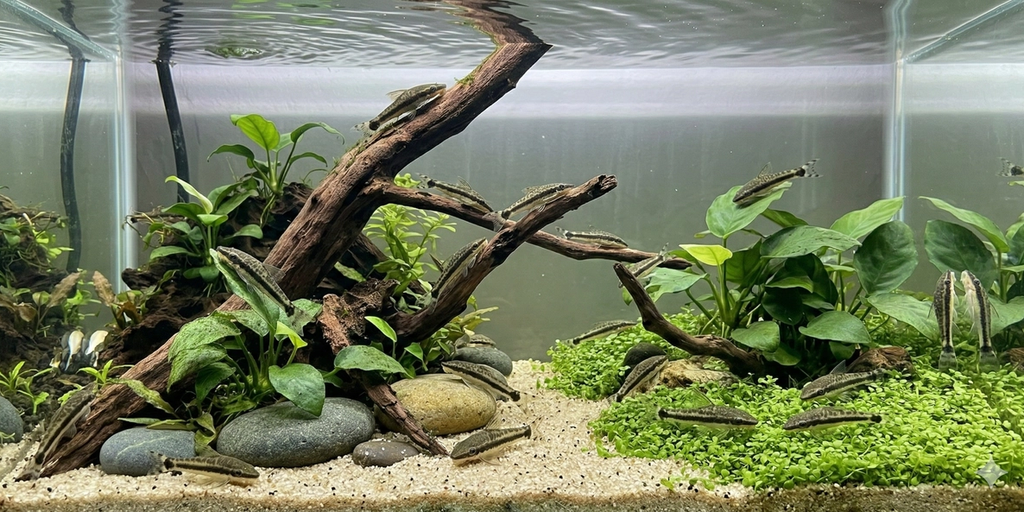 A realistic, cinematic panoramic photograph (2:1 ratio) of a detailed Nature Aquarium aquascape. Multiple Otocinclus spp. catfish, maintaining the exact visual style of image_10.png, are active throughout the expansive tank. Some are on natural branching driftwood and smooth river stones, and a small school is visible grazing on a lush carpet of aquatic plants. The fine sandy substrate and natural lighting filtering through the water surface are clearly defined.