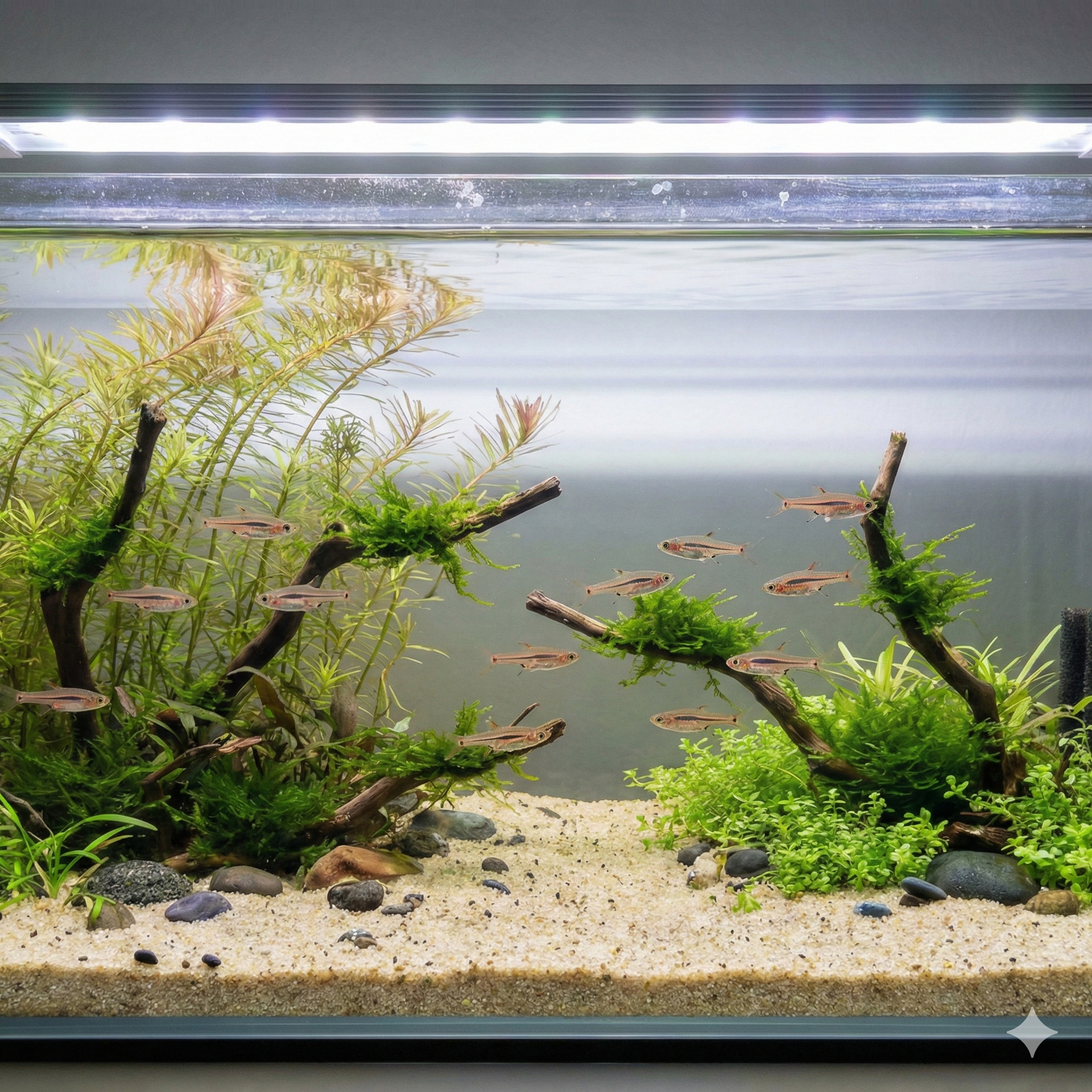 A wide-angle photograph of a 20-liter nano aquarium containing 10 tiny Least Rasboras (Boraras urophthalmoides) schooling amongst moss-covered driftwood and fine-leaved aquatic plants. The tank has a light sand substrate with small pebbles and is lit by an LED fixture. A sponge filter and heater are visible in the background.