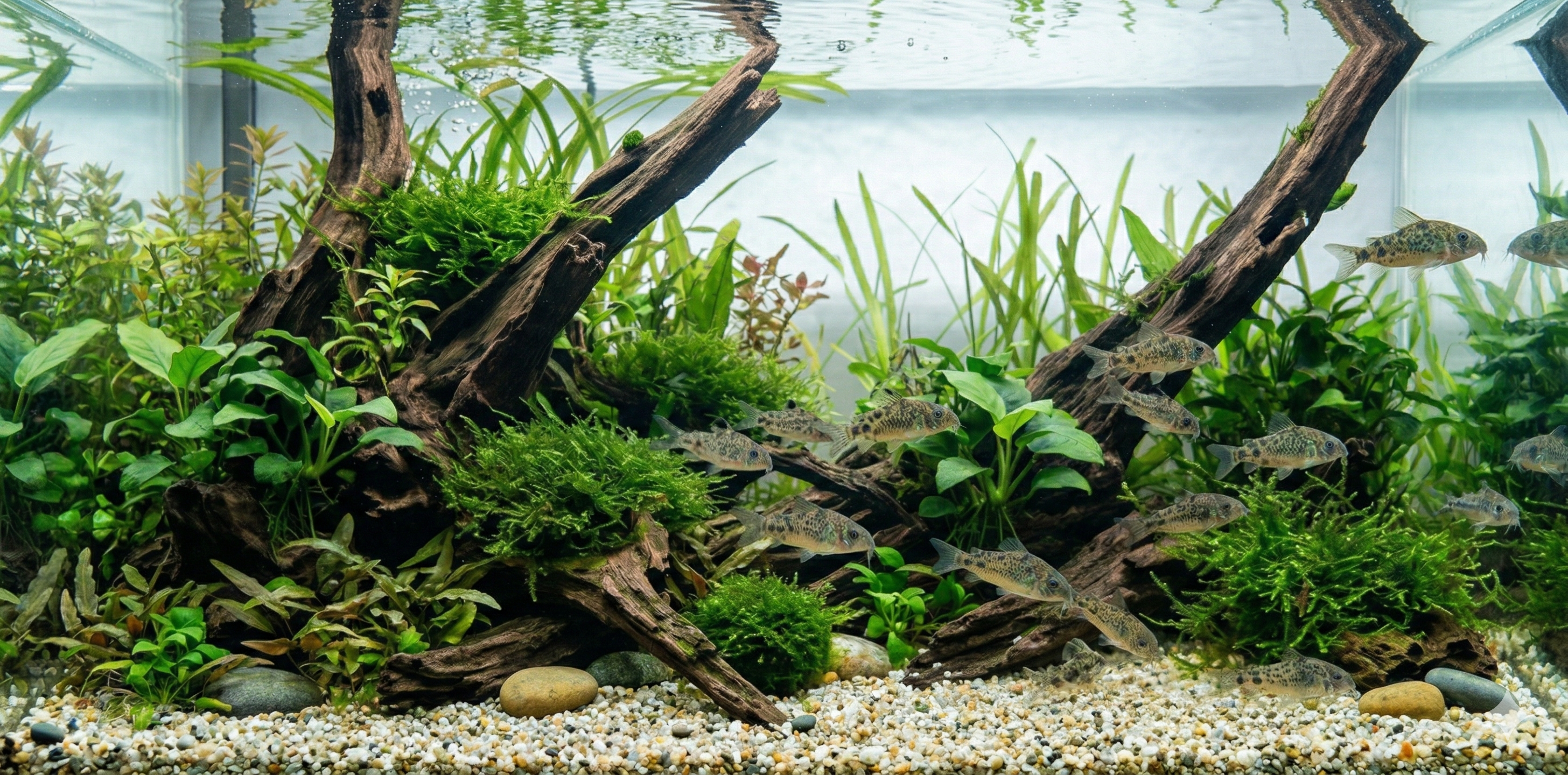 A wide panoramic 2:1 photograph taken underwater in a large planted freshwater aquarium, showing a cohesive school of dynamic Peppered Corydoras swimming dynamics across the sprawling aquascape of extended dark driftwood, large river stones, and expansive clusters of various aquatic plants