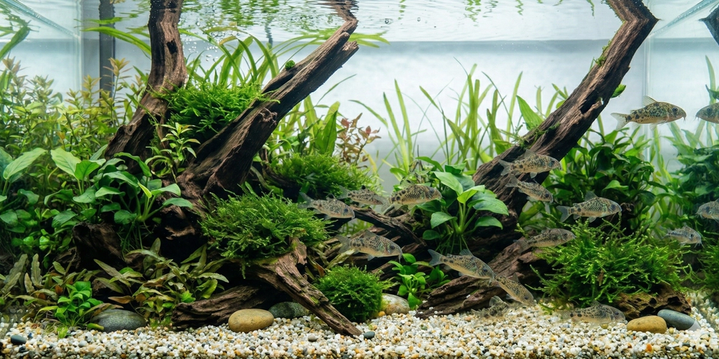A wide panoramic 2:1 photograph taken underwater in a large planted freshwater aquarium, showing a cohesive school of dynamic Peppered Corydoras swimming dynamics across the sprawling aquascape of extended dark driftwood, large river stones, and expansive clusters of various aquatic plants