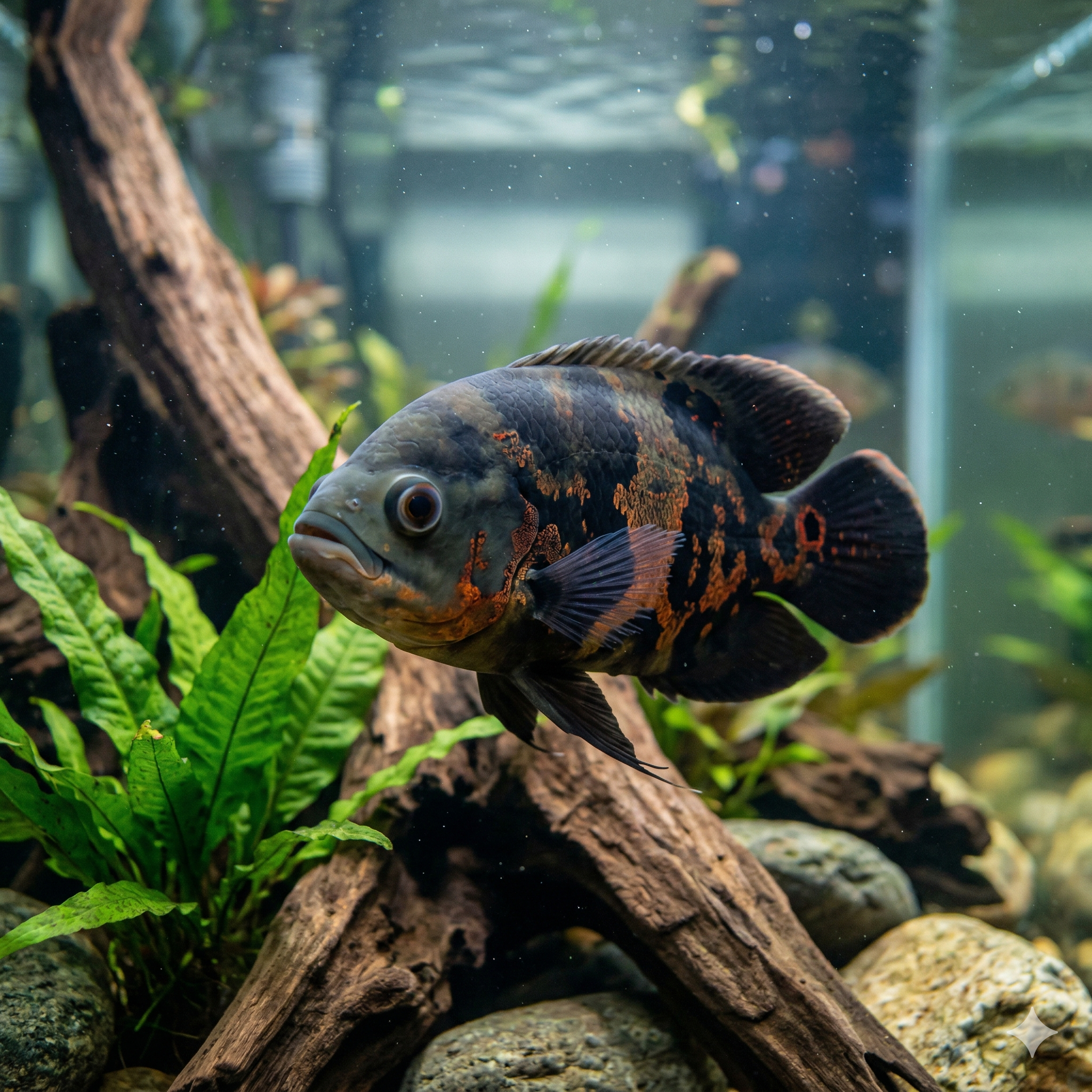 This panoramic view provides a broader context, showing the expansive aquarium landscape and emphasizing the large size of the Tiger Oscar.