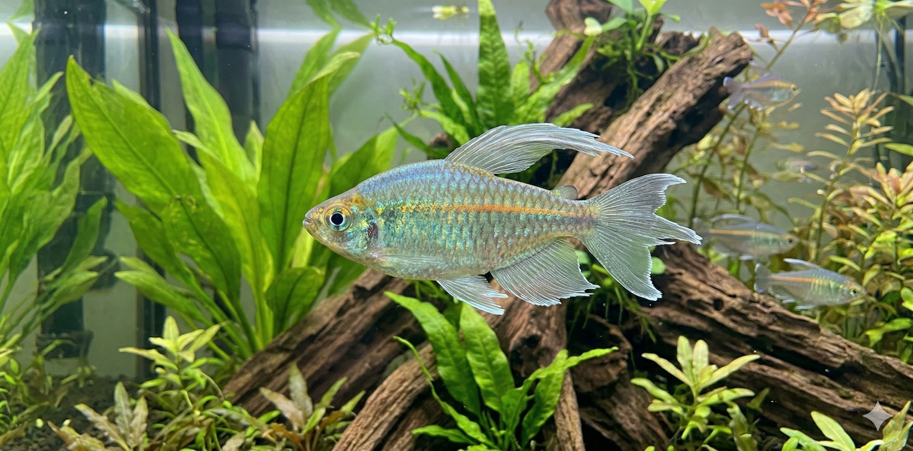 A wide, cinematic panoramic photograph of a realistic well-planted freshwater aquarium, featuring the single male Congo Tetra (Phenacogrammus interruptus) at its center, with its shimmering iridescent scales and distinctive long fins, swimming towards the left in the clear water. The expansive aquascape with complex driftwood and a variety of aquatic plants is visible.