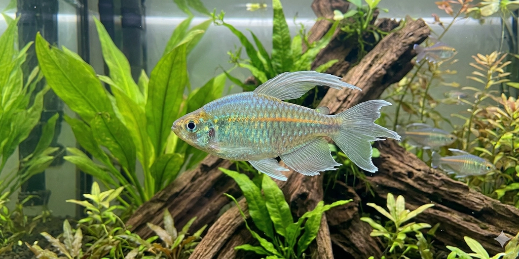 A wide, cinematic panoramic photograph of a realistic well-planted freshwater aquarium, featuring the single male Congo Tetra (Phenacogrammus interruptus) at its center, with its shimmering iridescent scales and distinctive long fins, swimming towards the left in the clear water. The expansive aquascape with complex driftwood and a variety of aquatic plants is visible.
