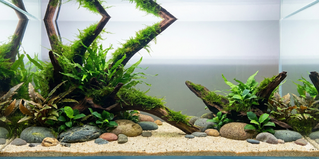 A wide, seamless panoramic background image of a planted aquarium aquascape featuring large driftwood branches covered in moss and fern, surrounded by various aquatic plants and a fine sand substrate with river stones. The water column is clear, with no fish or equipment visible.