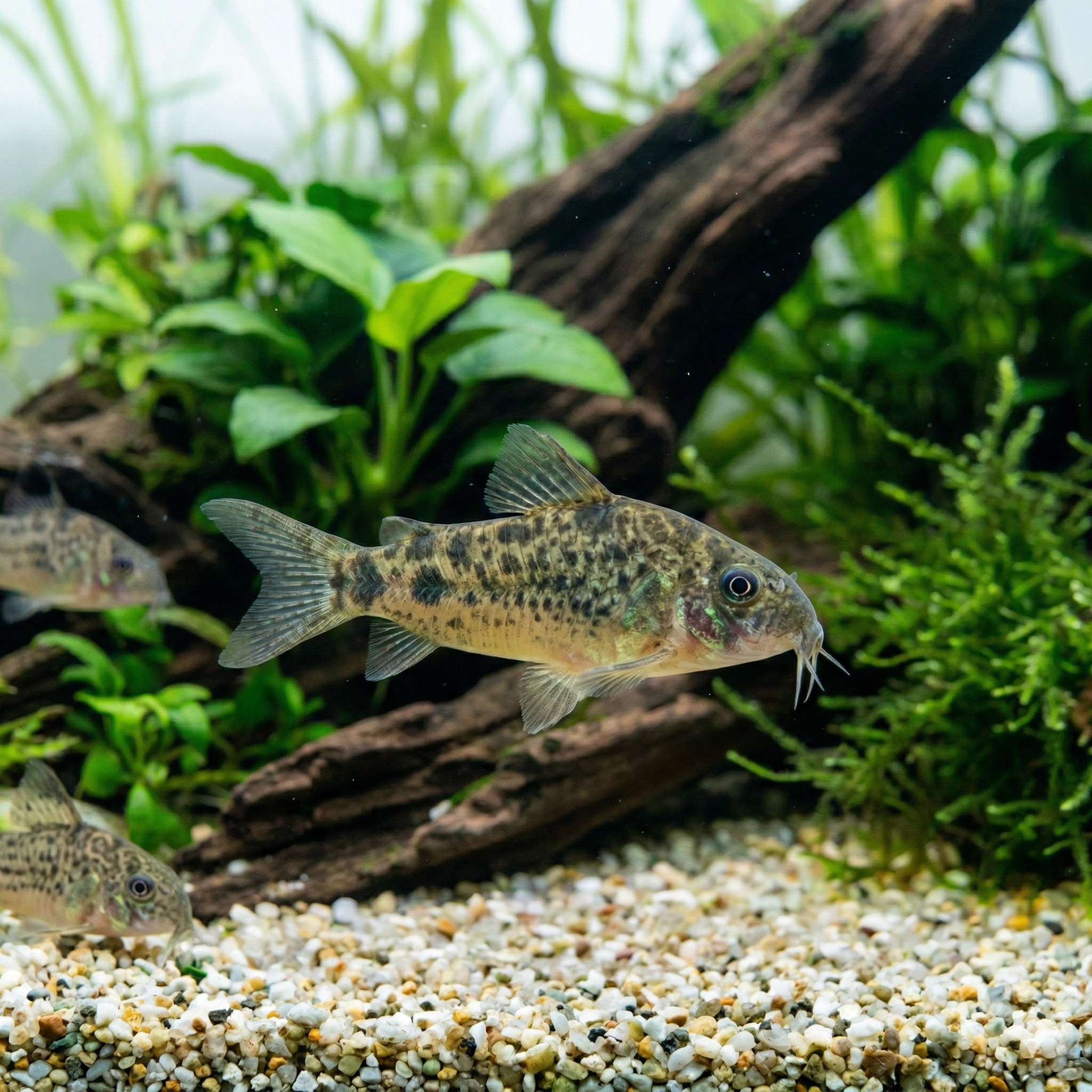 A wide panoramic 2:1 photograph taken underwater in a large planted freshwater aquarium, showing a cohesive school of dynamic Peppered Corydoras swimming dynamics across the sprawling aquascape of extended dark driftwood, large river stones, and expansive clusters of various aquatic plants