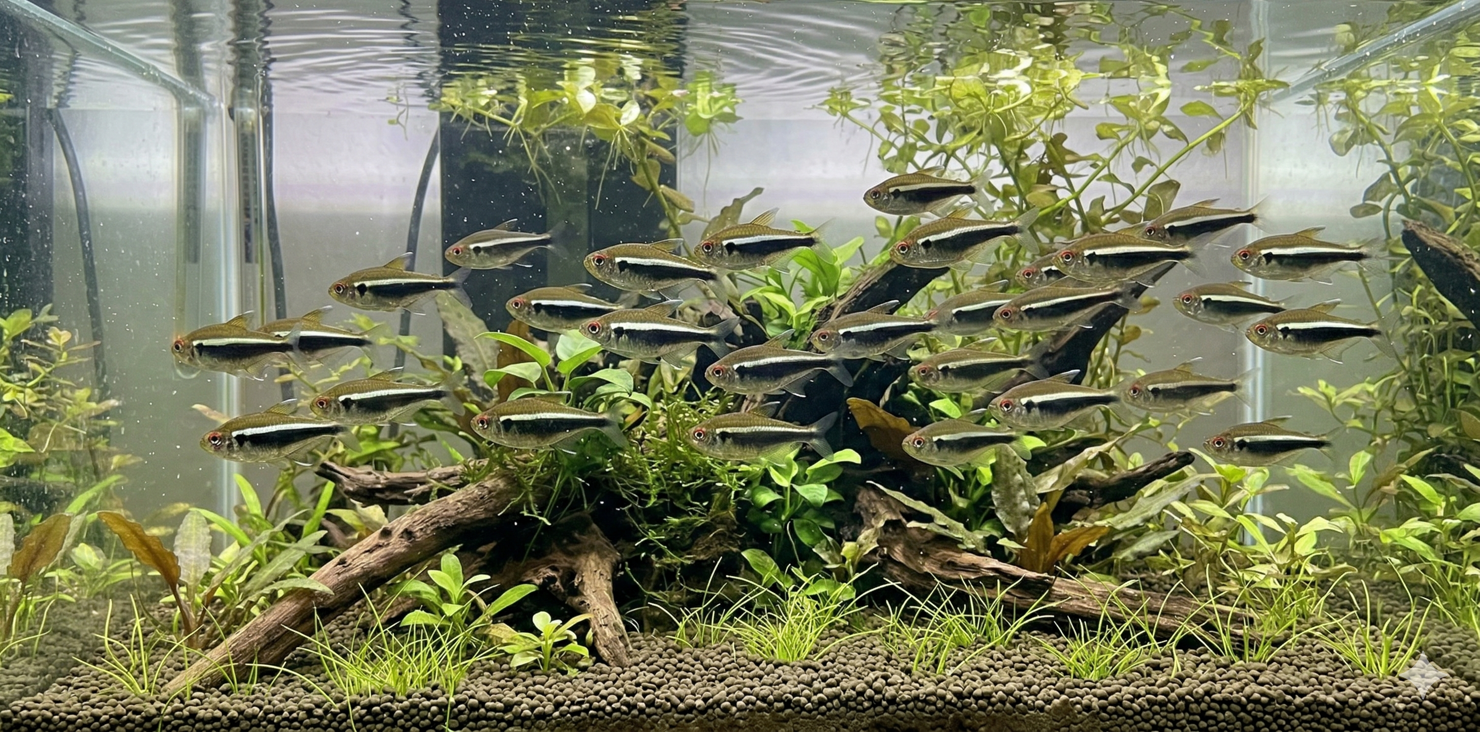 A realistic panoramic 2:1 photograph capturing a large school of Black neon tetras (Hyphessobrycon herbertaxelrodi) swimming in unison within a well-planted freshwater aquarium, highlighting the effect of multiple parallel black and white stripes.