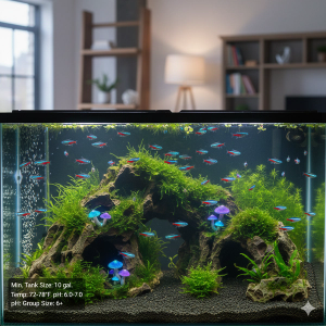 Neon tetras: minimum tank size, temp, pH, group size