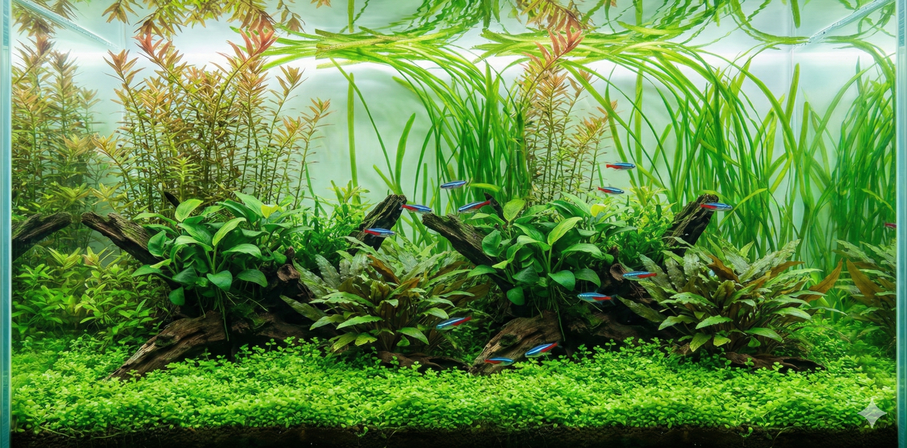 A wide-format photograph showing a panoramic view of the same lushly planted aquarium from the previous image. It displays a vast foreground carpet, multiple driftwood pieces with Anubias, and a dense background of tall stem plants, with neon tetras swimming throughout the tank.