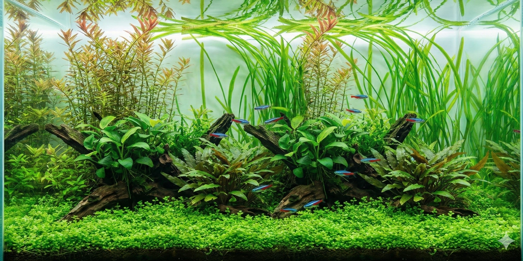 A wide-format photograph showing a panoramic view of the same lushly planted aquarium from the previous image. It displays a vast foreground carpet, multiple driftwood pieces with Anubias, and a dense background of tall stem plants, with neon tetras swimming throughout the tank.
