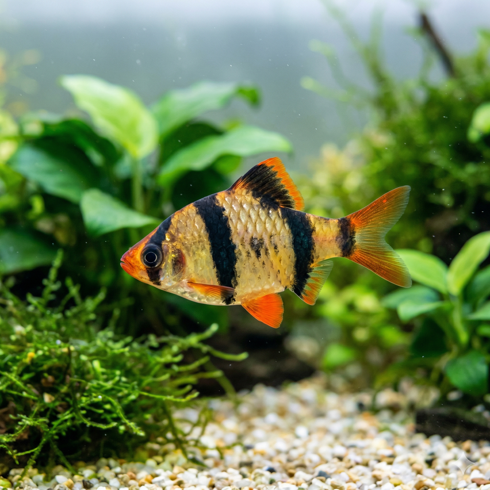 A wide, 2:1 panoramic photograph of an expansive planted freshwater aquarium floor, featuring a small school of dynamic Tiger barbs (identical to the fish in image_79.png) swimming together.