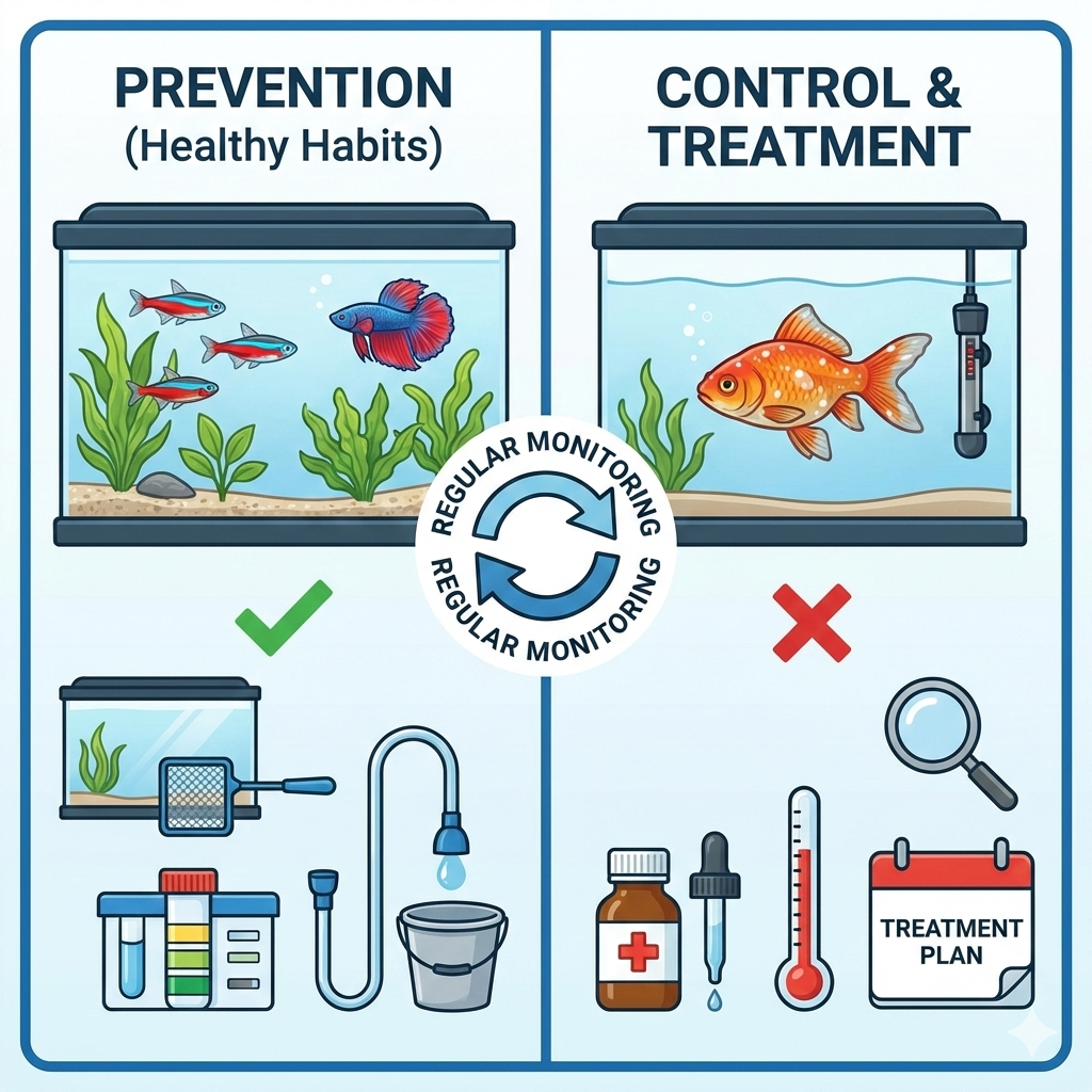 Wide infographic illustrating aquarium disease prevention and control. The left panel, "PREVENTION (Healthy Habits)", displays a healthy aquarium, a quarantine tank, a test kit, and water changing tools. The right panel, "CONTROL & TREATMENT", shows a sick goldfish in a hospital tank with a heater, medicine, a thermometer, a magnifying glass, and a treatment plan. A central "REGULAR MONITORING" cycle connects the two panels.