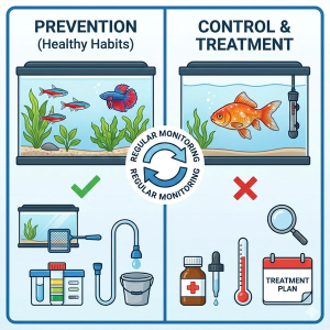 Wide infographic illustrating aquarium disease prevention and control. The left panel, "PREVENTION (Healthy Habits)", displays a healthy aquarium, a quarantine tank, a test kit, and water changing tools. The right panel, "CONTROL & TREATMENT", shows a sick goldfish in a hospital tank with a heater, medicine, a thermometer, a magnifying glass, and a treatment plan. A central "REGULAR MONITORING" cycle connects the two panels.