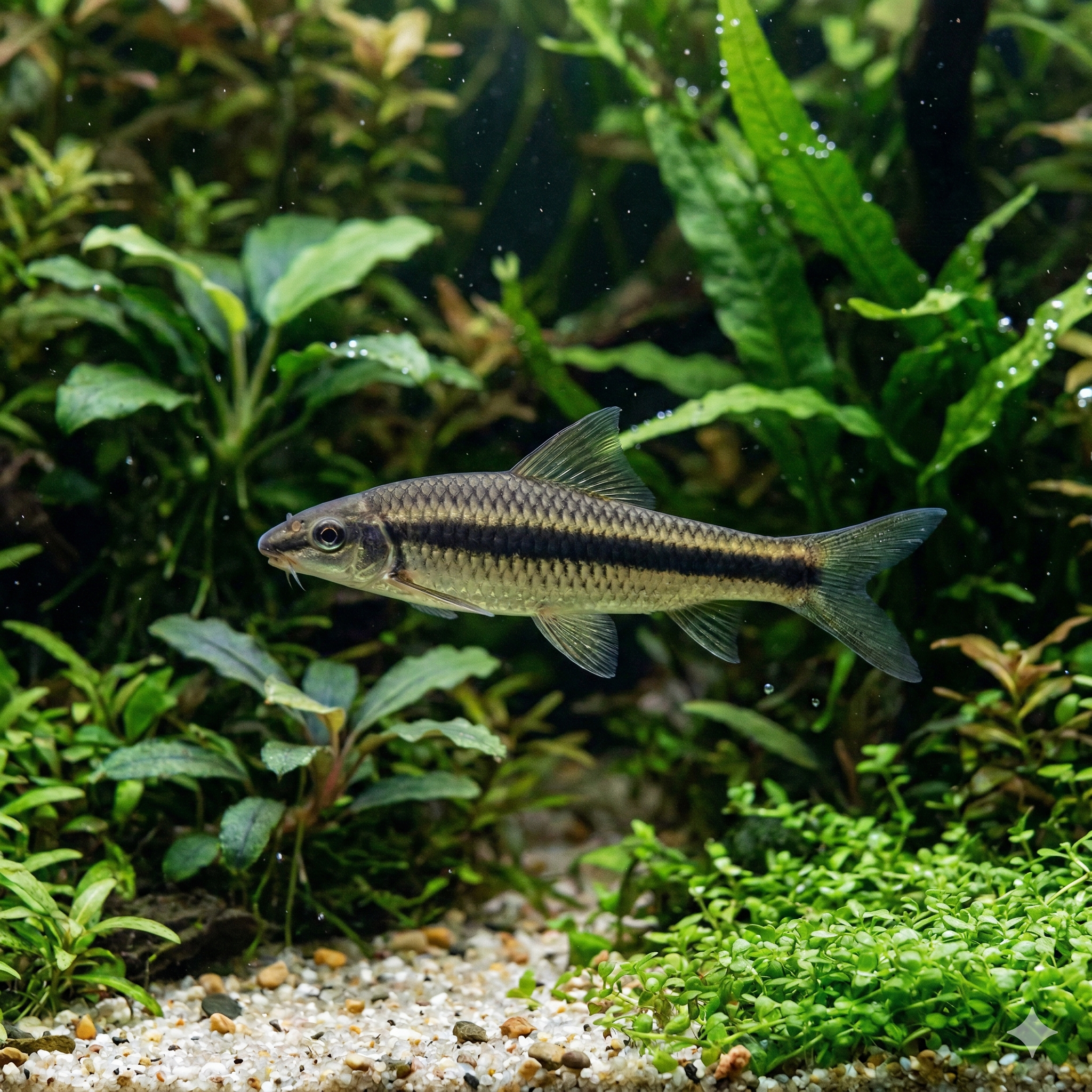 This panoramic shot expands the field of view, showing a wider section of the planted tank and placing the Siamese algae eater within a more complex ecosystem, along with a few conspecifics.