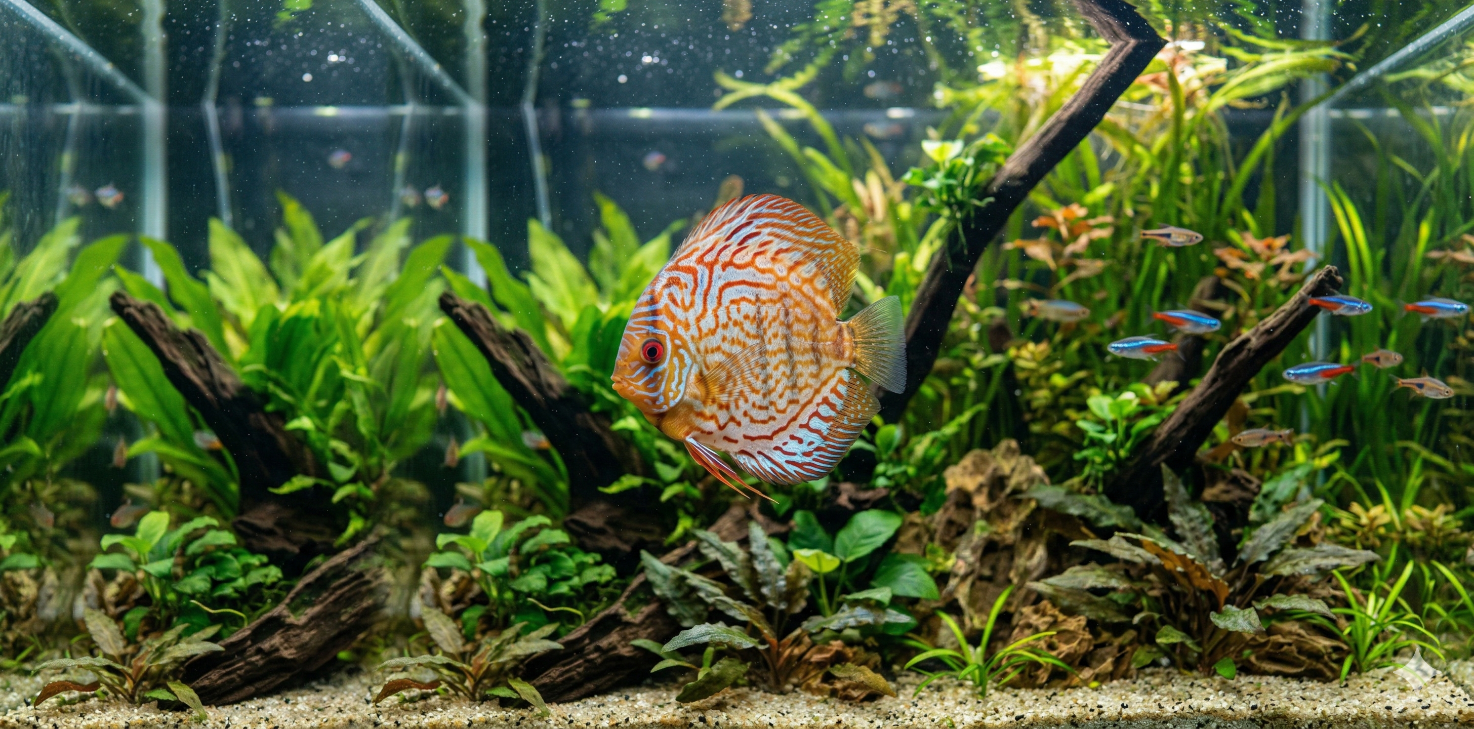 A dynamic small school of identical Blue Turquoise Discus fish, with the specific electric blue and turquoise patterns, vertical dark bars, and extended fin edges, swim dynamically right across the sprawling aquascape of extended driftwood structures, large river stones, and expansive clusters of various aquatic plants, maintaining the same realistic look.