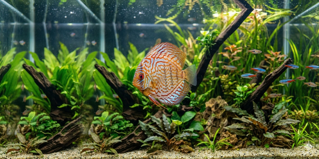 A dynamic small school of identical Blue Turquoise Discus fish, with the specific electric blue and turquoise patterns, vertical dark bars, and extended fin edges, swim dynamically right across the sprawling aquascape of extended driftwood structures, large river stones, and expansive clusters of various aquatic plants, maintaining the same realistic look.