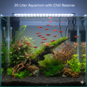 A panoramic view of a planted aquarium containing Chili Rasboras swimming in a school. The wide layout showcases a nature-style aquascape with intricate driftwood, grey stones, and a mix of lush green and red aquatic plants against a soft backlit background.