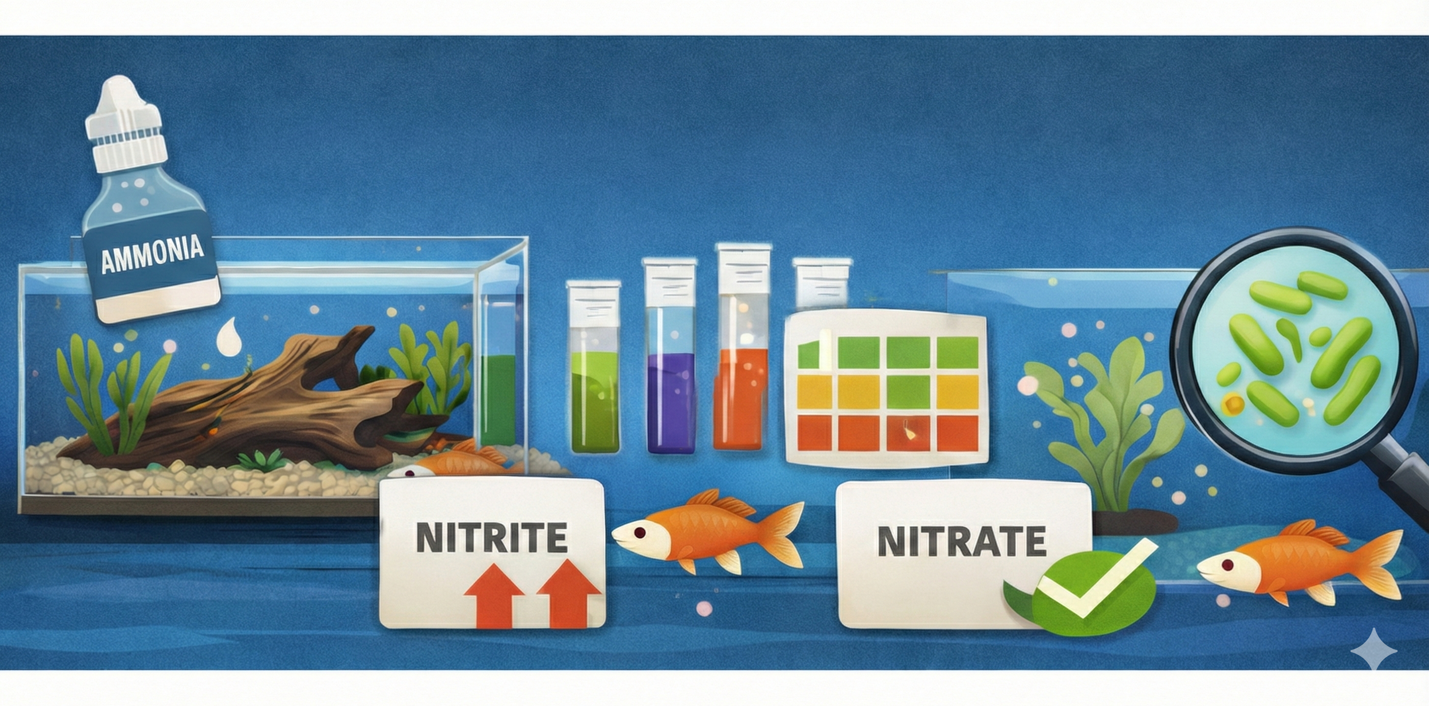 Wide illustration showing the aquarium cycling process with ammonia dosing, water test tubes and chart, and beneficial bacteria, highlighting nitrite and nitrate stages.