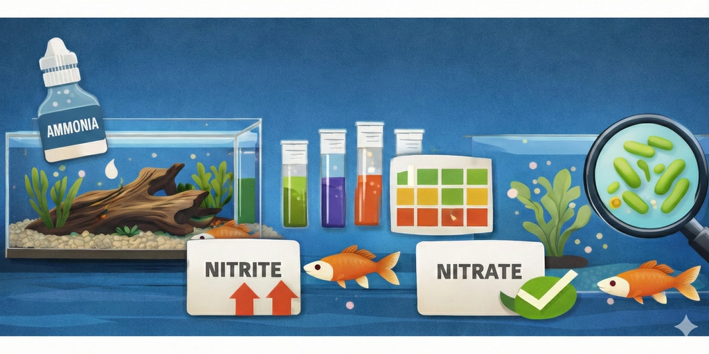 Wide illustration showing the aquarium cycling process with ammonia dosing, water test tubes and chart, and beneficial bacteria, highlighting nitrite and nitrate stages.