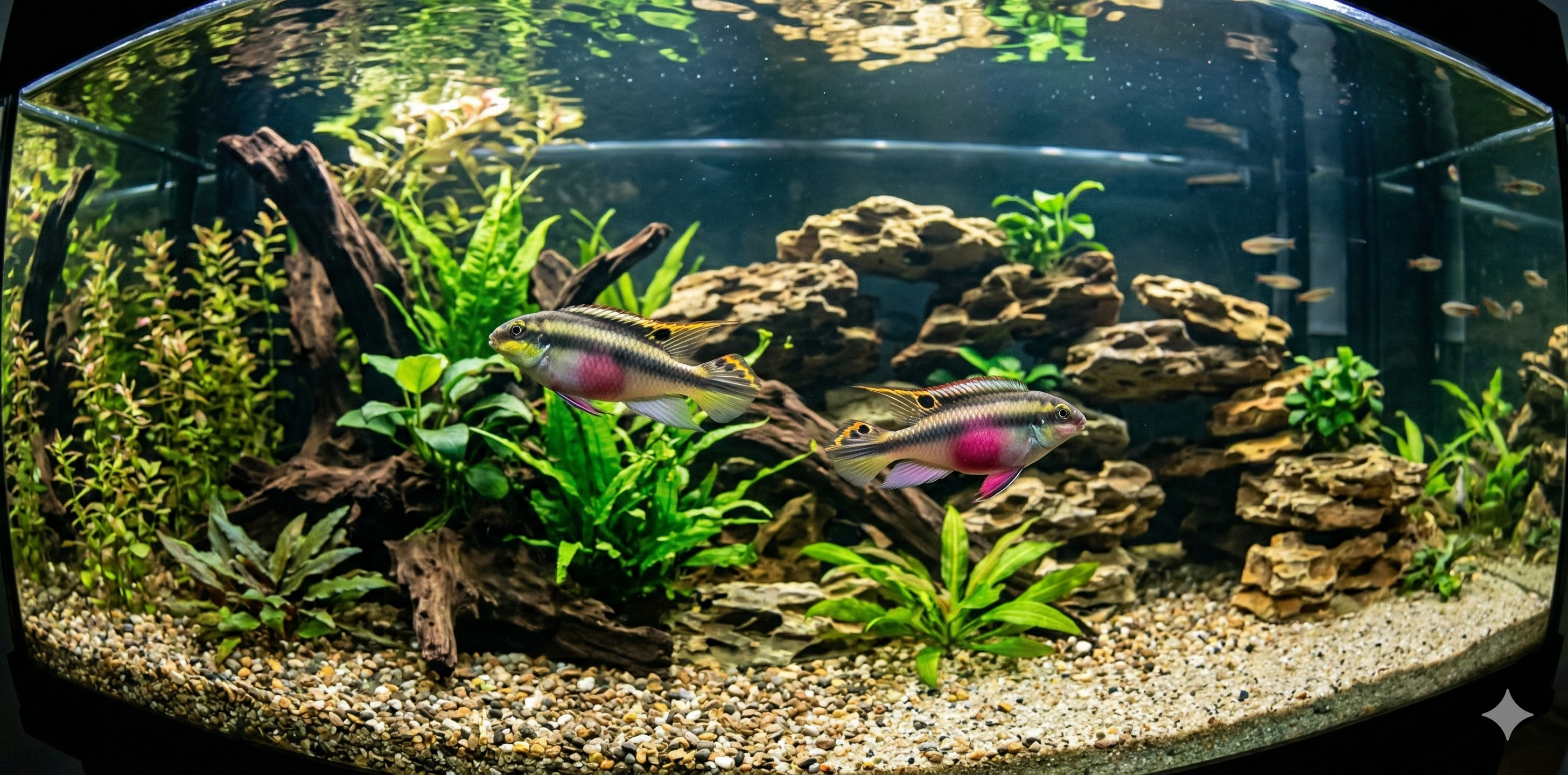 A close-up, realistic square photograph of a pair of Kribensis fish (Pelvicachromis pulcher) in a naturalistic, well-planted freshwater aquarium. The female, with her prominent vibrant pink belly, is in the foreground, with the larger male just behind her. They swim among various aquatic plants and driftwood on a fine gravel substrate. The water is clear, and top lighting is realistic.