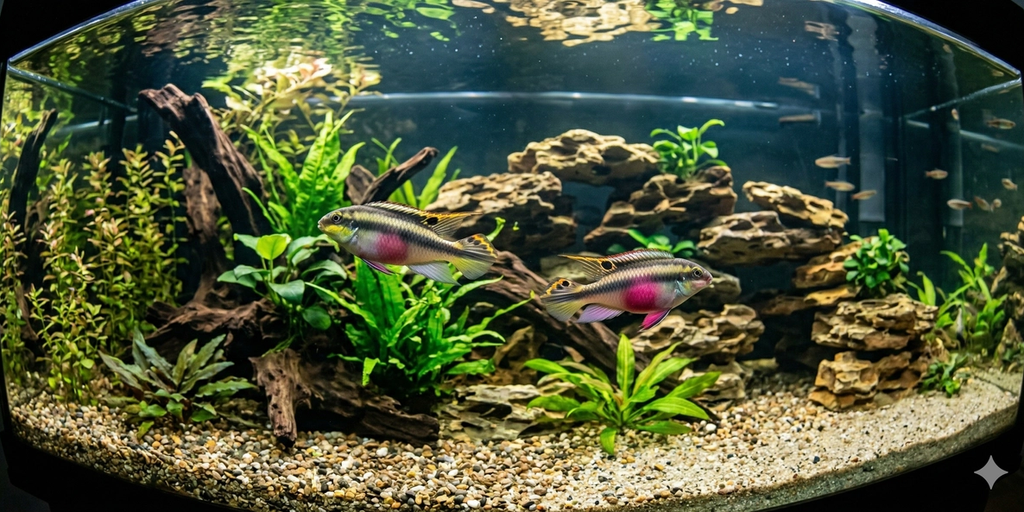 A close-up, realistic square photograph of a pair of Kribensis fish (Pelvicachromis pulcher) in a naturalistic, well-planted freshwater aquarium. The female, with her prominent vibrant pink belly, is in the foreground, with the larger male just behind her. They swim among various aquatic plants and driftwood on a fine gravel substrate. The water is clear, and top lighting is realistic.