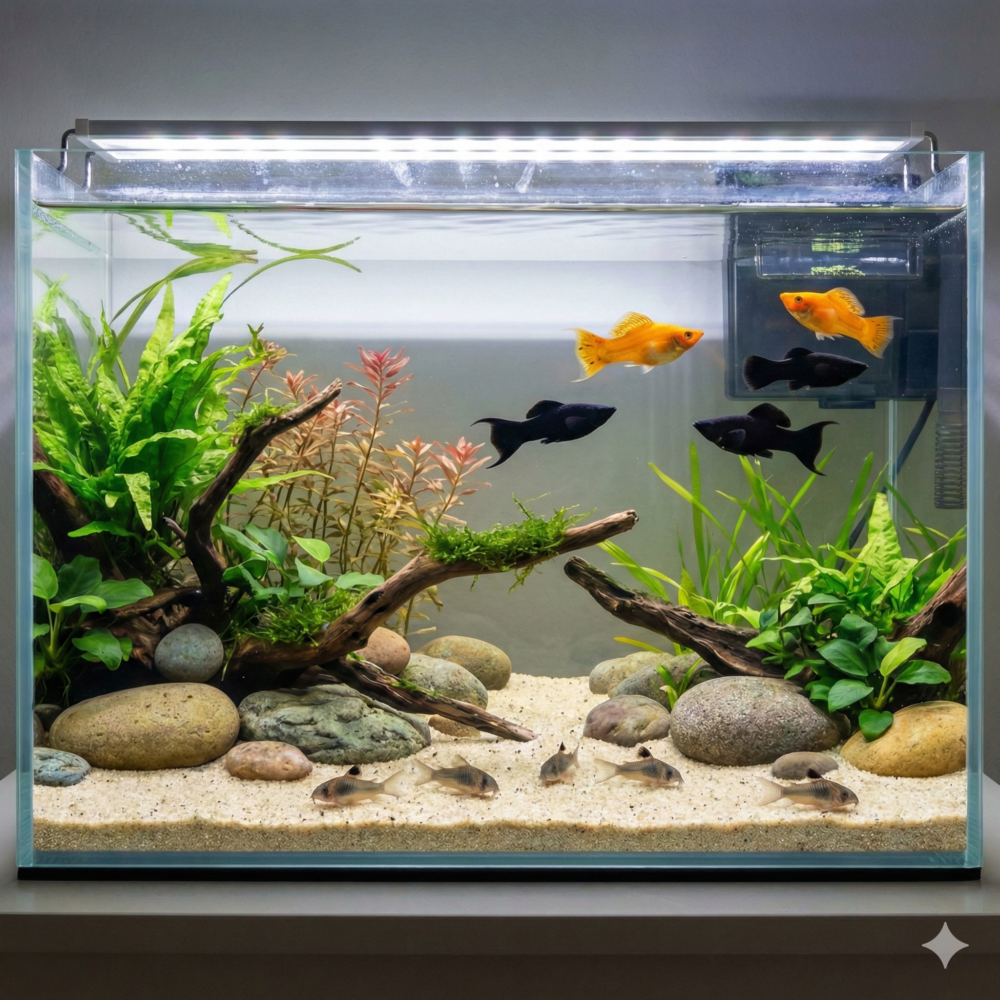 A wide-angle photograph of a 80-liter nature aquarium. Four Mollies (two black lyretail, two orange sailfin) swim in the mid-water, while four Pygmy Corydoras forage on the sand substrate among river stones. The aquascape features branching driftwood covered in Java fern and Anubias nana, with Rotala and Vallisneria in the background. A hang-on-back filter and a heater are visible in the back right corner. The tank is brightly lit by an LED fixture.