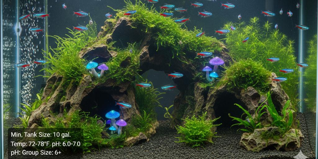 Neon tetras: minimum tank size, temp, pH, group size