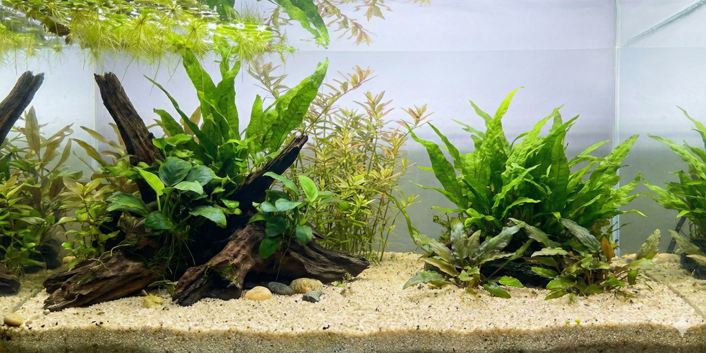 A wide, seamless panoramic background image of a planted aquarium aquascape featuring a large piece of driftwood covered in Anubias and Java Fern, surrounded by various green aquatic plants and floating duckweed. The substrate is light sand with scattered pebbles. The water column is clear, with no fish or equipment visible.