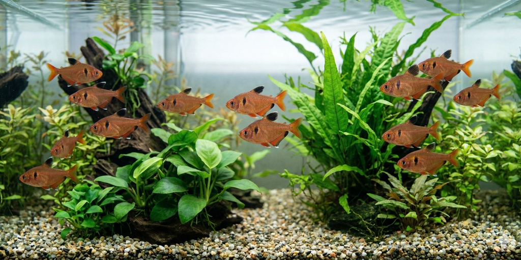 A wide panoramic underwater photograph showing an expansive planted aquarium floor, featuring a large school of Serpae tetras.