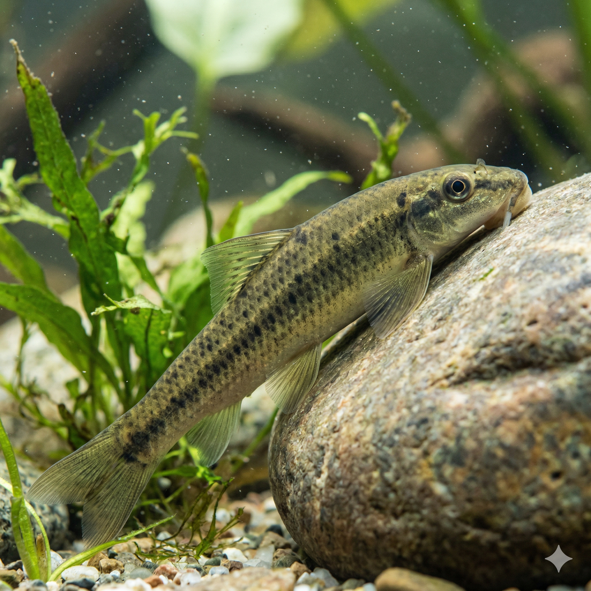 A wide panoramic photograph of a planted aquarium floor, with a single mottled Chinese algae eater (identical to the fish in image_133.png) moving across fine gravel substrate amidst extensive driftwood, large river stones, and dense aquatic plants.