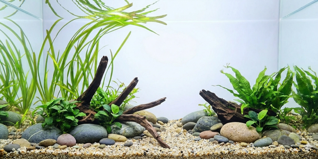 A wide, seamless panoramic background image of a planted aquarium aquascape featuring a riverbed design with smooth river stones, fine gravel, driftwood pieces, and clusters of Vallisneria, Anubias, and Java Fern. The water column is clear, with no fish or equipment visible.
