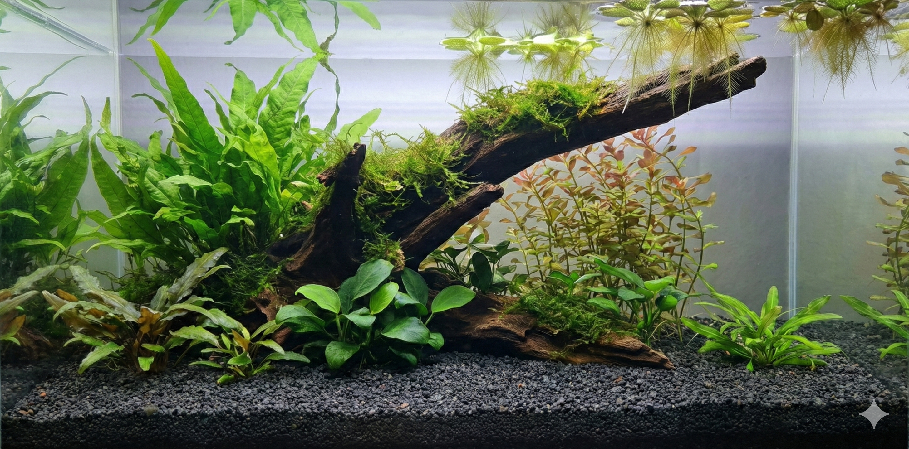 A wide, seamless panoramic background image of a planted aquarium aquascape featuring a large piece of driftwood covered in moss and Java Fern, surrounded by various green aquatic plants and floating plants. The substrate is dark gravel. The water column is clear, with no fish or equipment visible.