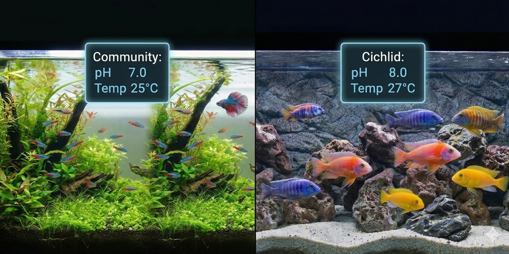 A wide, panoramic infographic with a split-screen view, similar to the square image. The left side shows a planted community aquarium with neon tetras and a betta fish, and a glowing panel that reads "Community: pH 7.0, Temp 25°C". The right side shows a rocky African cichlid aquarium with various colorful cichlids, and a glowing panel that reads "Cichlid: pH 8.0, Temp 27°C". A title at the top says "Ideal Water Parameters