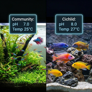 A wide, panoramic infographic with a split-screen view, similar to the square image. The left side shows a planted community aquarium with neon tetras and a betta fish, and a glowing panel that reads "Community: pH 7.0, Temp 25°C". The right side shows a rocky African cichlid aquarium with various colorful cichlids, and a glowing panel that reads "Cichlid: pH 8.0, Temp 27°C". A title at the top says "Ideal Water Parameters