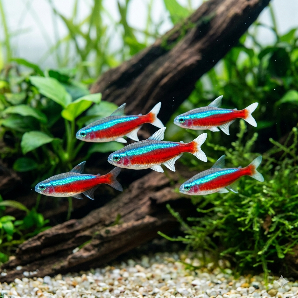 A wide panoramic 2:1 photograph taken underwater in a large planted freshwater aquarium, showing a much larger cohesive school of Cardinal tetras swimming dynamically across the sprawling aquascape of extended driftwood, large river stones, and expansive clusters of various aquatic plants