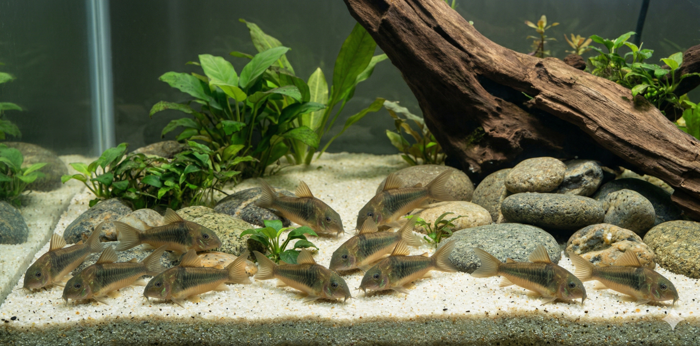A wide cinematic 2:1 photograph of an expansive aquarium bottom. A large formation of larger river rocks and a substantial piece of natural driftwood dominate the scene. Below, a cluster of about fifteen Bronze Corydoras (Corydoras aeneus) sift through fine sand, their metallic bronze and greenish-brown color visible.