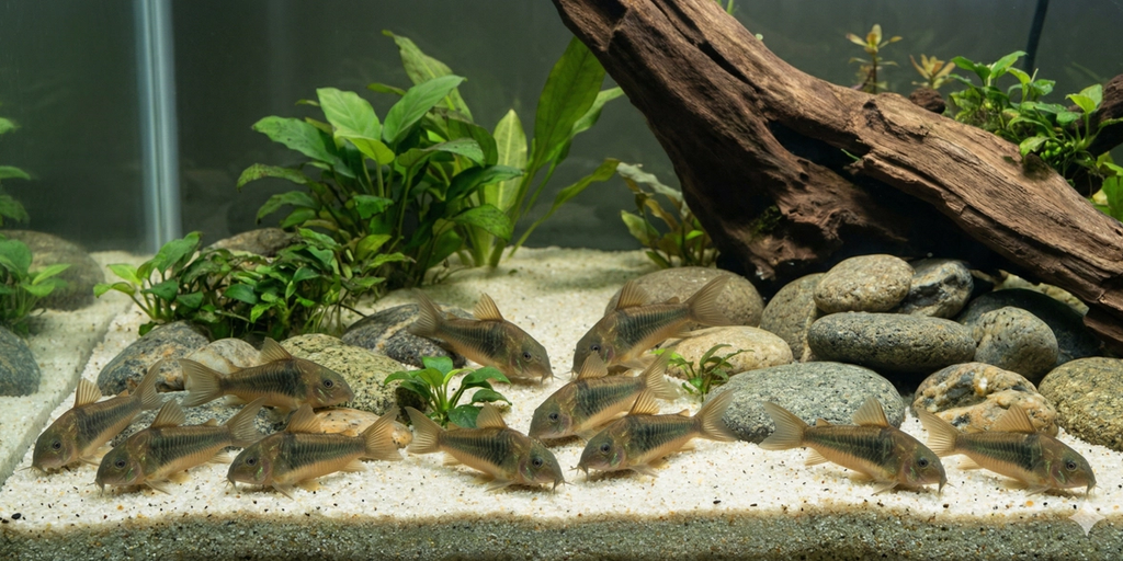A wide cinematic 2:1 photograph of an expansive aquarium bottom. A large formation of larger river rocks and a substantial piece of natural driftwood dominate the scene. Below, a cluster of about fifteen Bronze Corydoras (Corydoras aeneus) sift through fine sand, their metallic bronze and greenish-brown color visible.