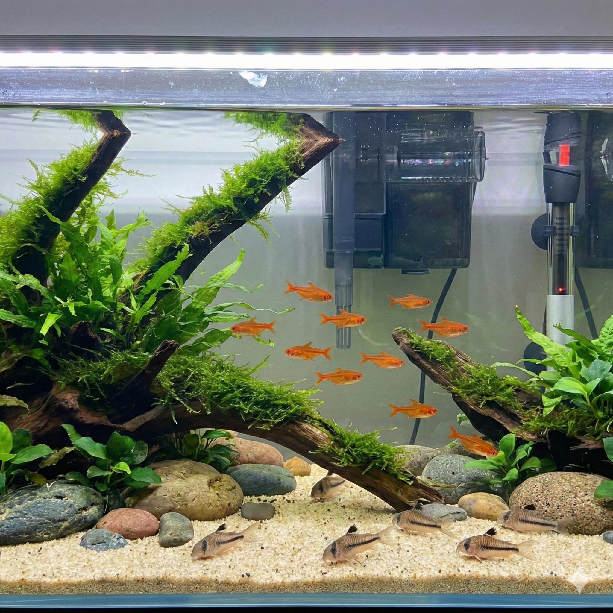 A wide-angle photograph of a 60-liter nature aquarium. Ten small, vibrant orange-red Ember Tetras school in the mid-water, while eight Pygmy Corydoras forage on the fine sand substrate among river stones. The aquascape features large driftwood branches covered in Java moss and Bolbitis fern, with Cryptocoryne wendtii and Anubias nana planted throughout. A hang-on-back filter and a heater are visible in the back corner. The tank is brightly lit by an LED fixture.