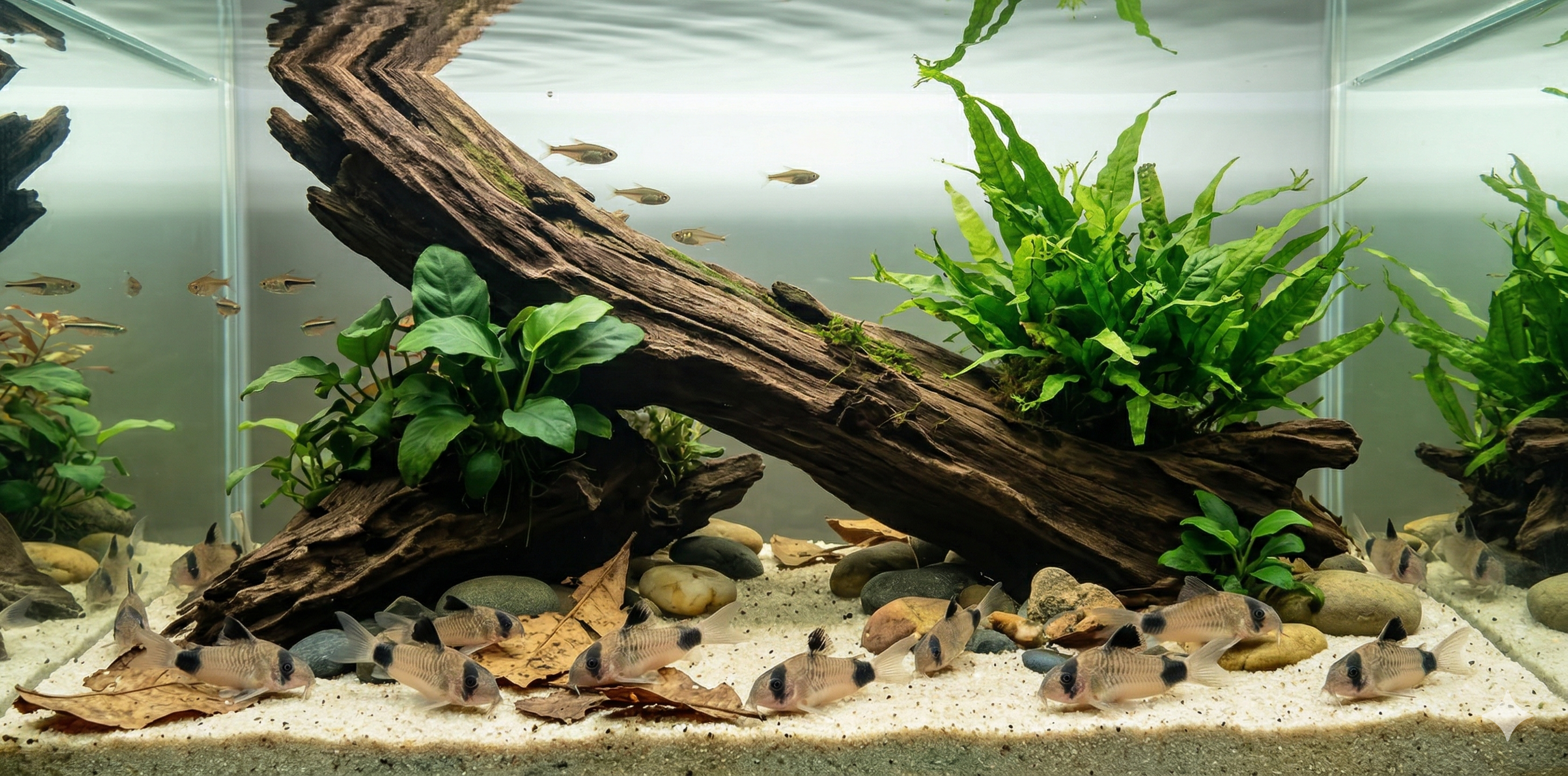 A wide cinematic 2:1 photograph of an expansive aquarium bottom. A large piece of driftwood covered in aquatic plants dominates the scene. Below, a cluster of Corydoras panda catfish sift through fine sand, their black markings (as seen in image_9.png and image_6.png) visible. Tetra fish school above.