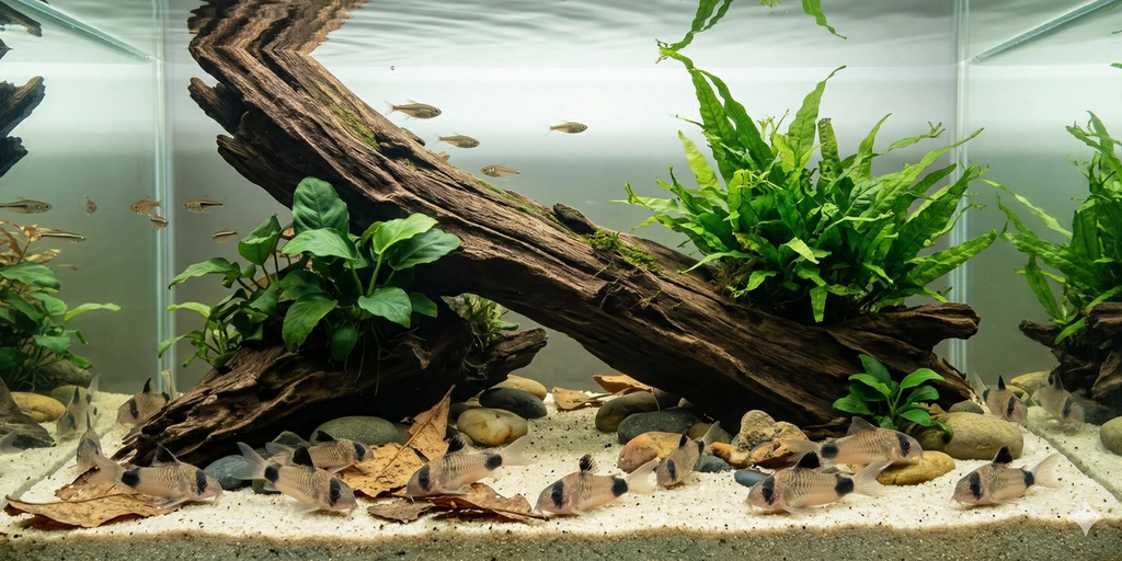 A wide cinematic 2:1 photograph of an expansive aquarium bottom. A large piece of driftwood covered in aquatic plants dominates the scene. Below, a cluster of Corydoras panda catfish sift through fine sand, their black markings (as seen in image_9.png and image_6.png) visible. Tetra fish school above.