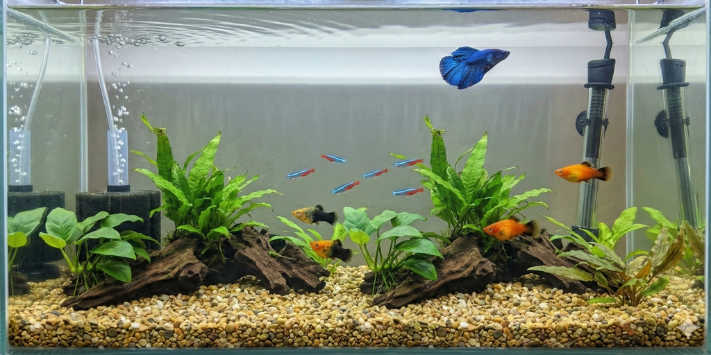 A wide, horizontal photograph of the same easy-to-maintain aquarium setup from the previous image, showcasing the betta, tetras, and platys in a clean, planted tank with a sponge filter.