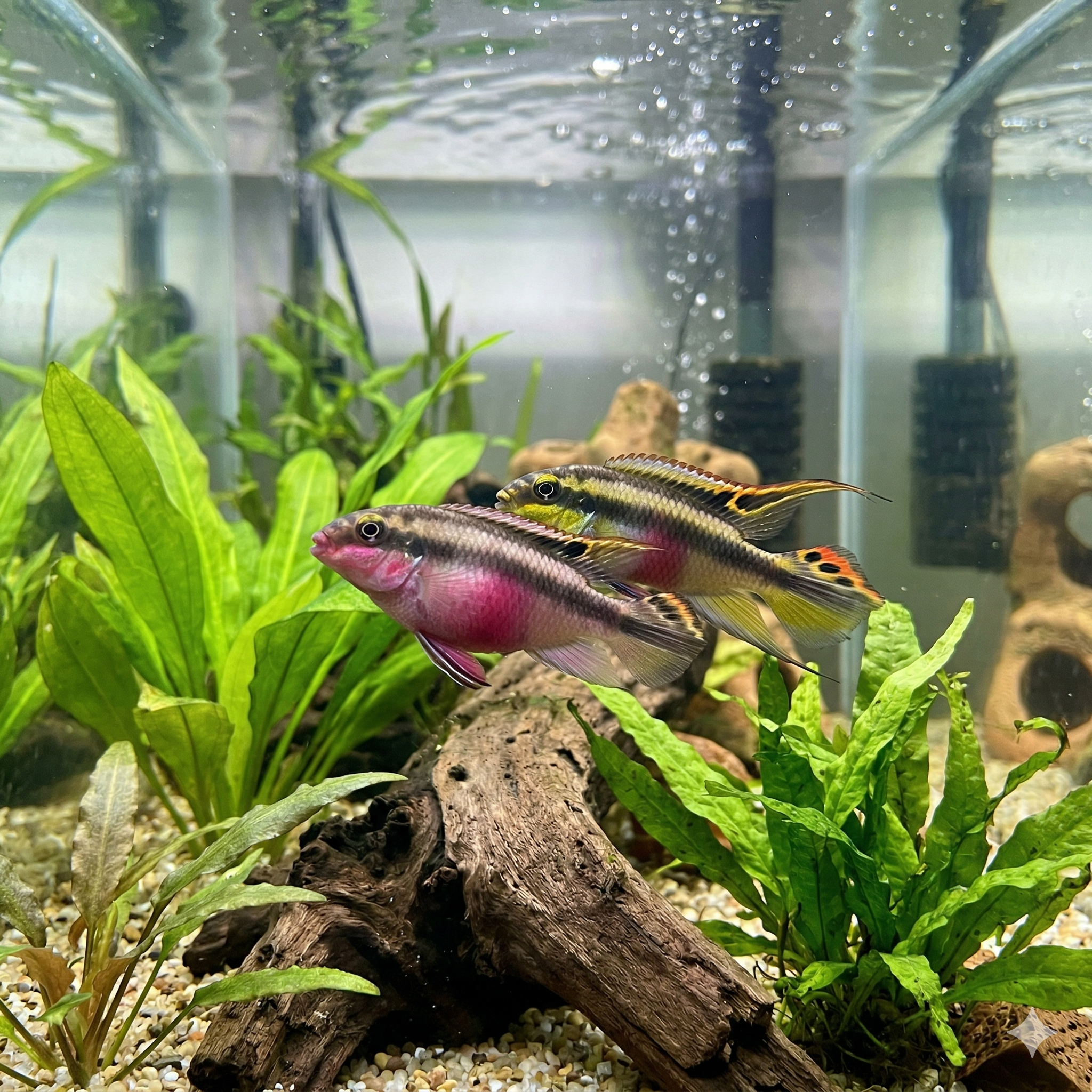 A close-up, realistic square photograph of a pair of Kribensis fish (Pelvicachromis pulcher) in a naturalistic, well-planted freshwater aquarium. The female, with her prominent vibrant pink belly, is in the foreground, with the larger male just behind her. They swim among various aquatic plants and driftwood on a fine gravel substrate. The water is clear, and top lighting is realistic.