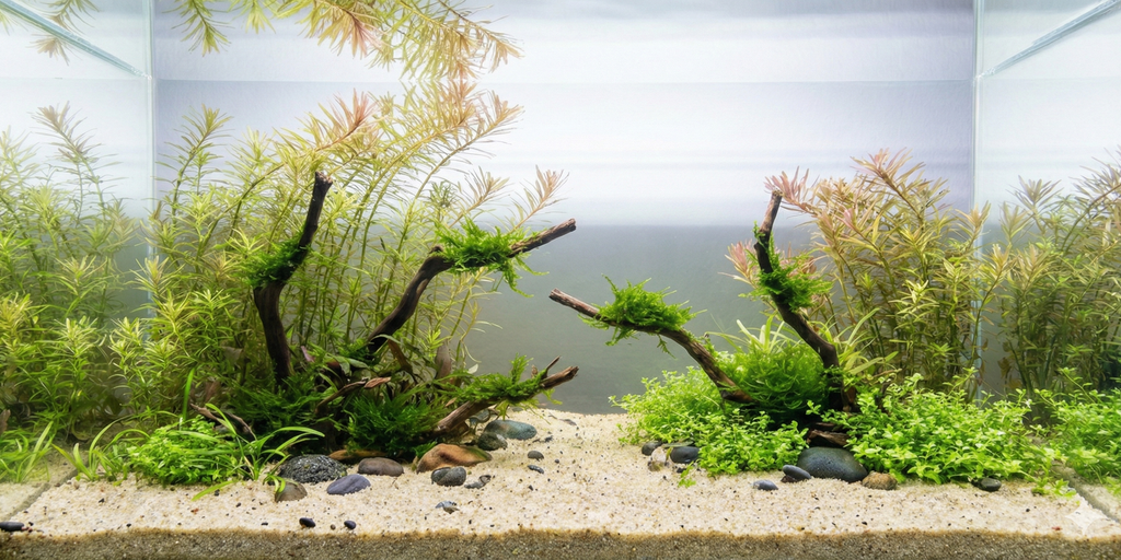 A wide, seamless panoramic background image of a planted aquarium aquascape featuring branching driftwood covered in moss, surrounded by fine-leaved green and reddish aquatic plants and a light sand substrate with scattered pebbles. The water column is clear, with no fish or equipment visible.