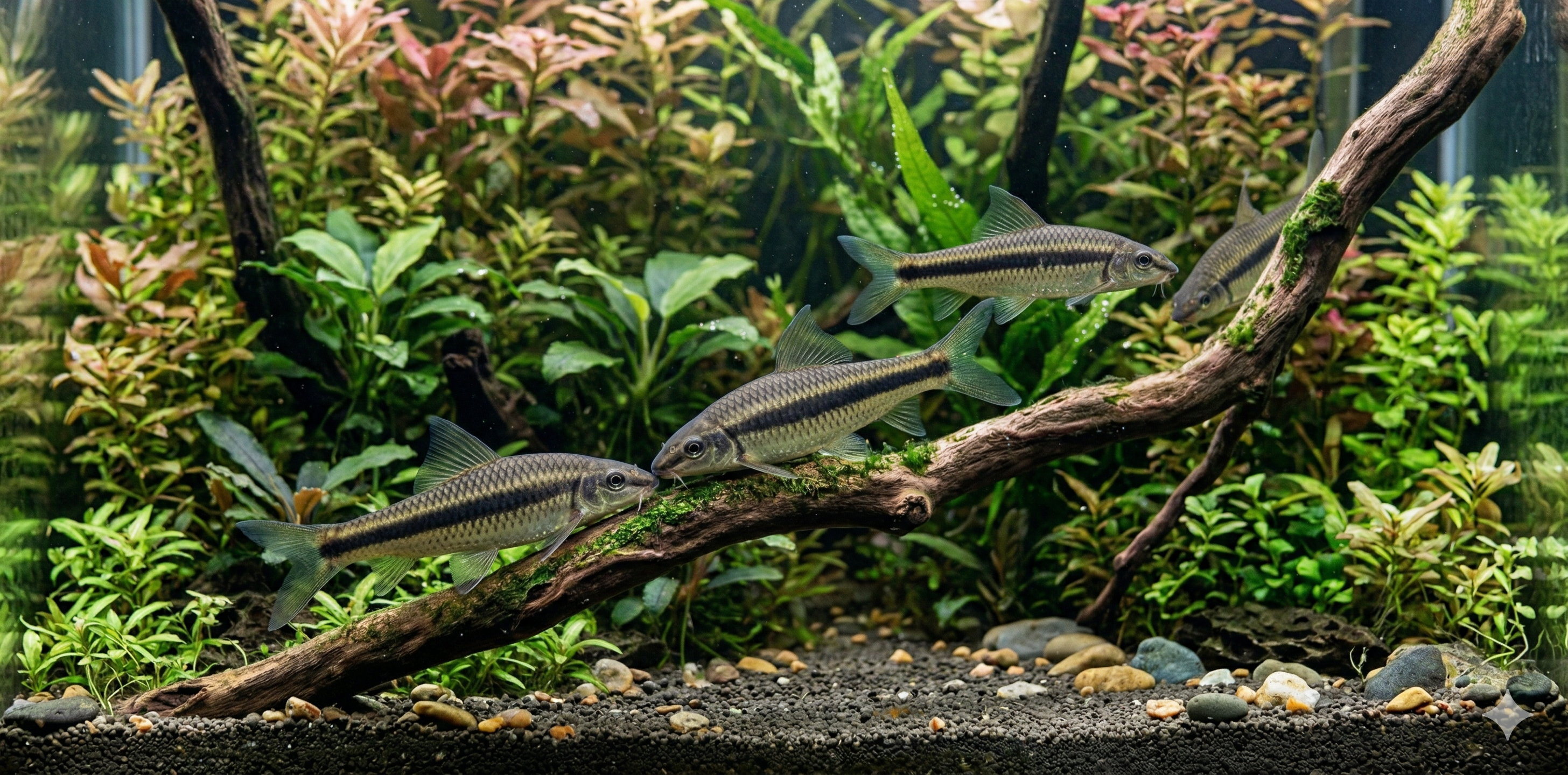 This panoramic shot expands the field of view, showing a wider section of the planted tank and placing the Siamese algae eater within a more complex ecosystem, along with a few conspecifics.